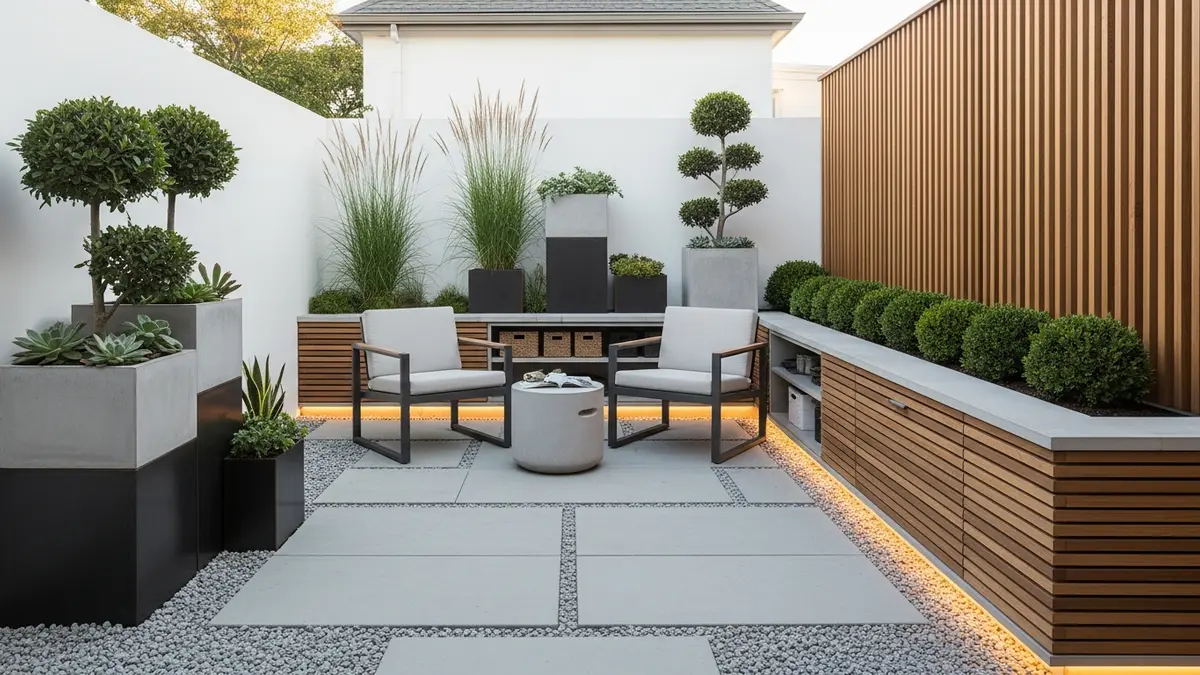 Small front yard minimalist design with organized outdoor storage and compact landscaping