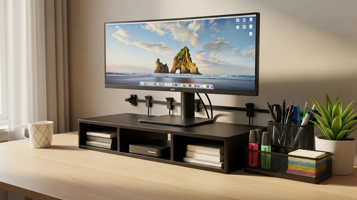 Organized small home office desk with monitor stand, cable management, and desk organizer tray
