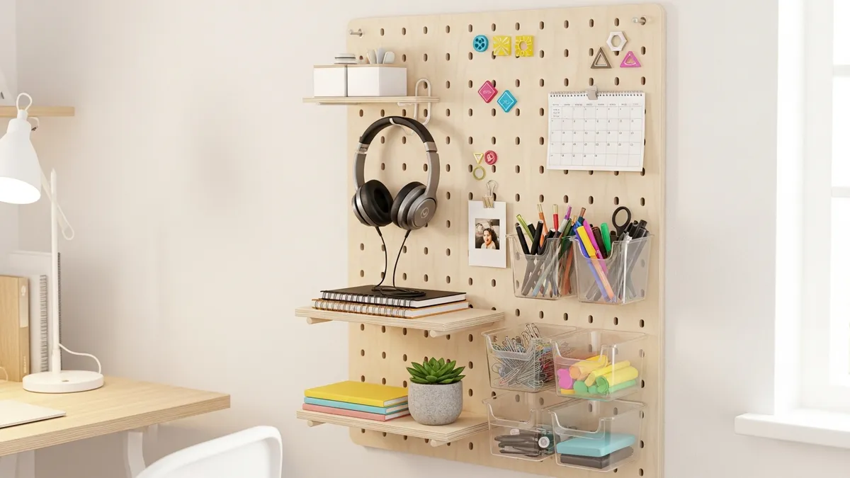 Vertical pegboard wall organizer for small home office with hooks, shelves, and supply bins
