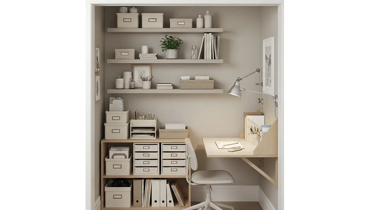 Closet converted into small home office nook with fold-out desk and labeled storage bins
