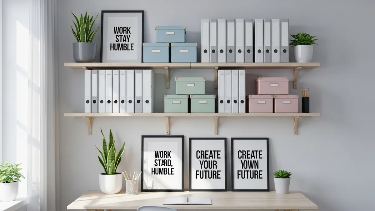 Floating wall shelves above home office desk with storage boxes and decorative plants