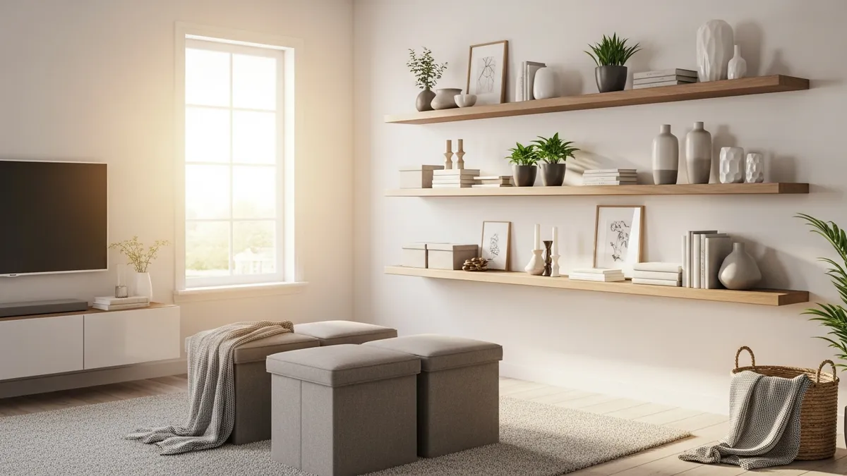 Small home organization ideas featuring floating shelves and smart storage in a bright living room