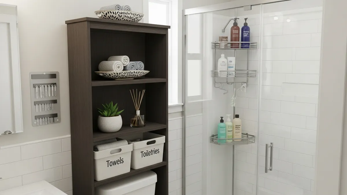 Small bathroom organization ideas with over-toilet shelves and corner caddy