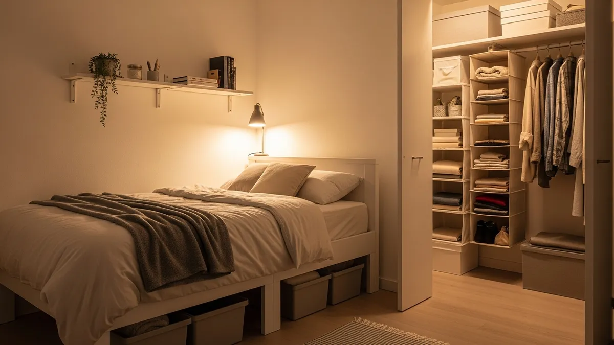 Small bedroom organization ideas with under-bed storage and wall-mounted shelves