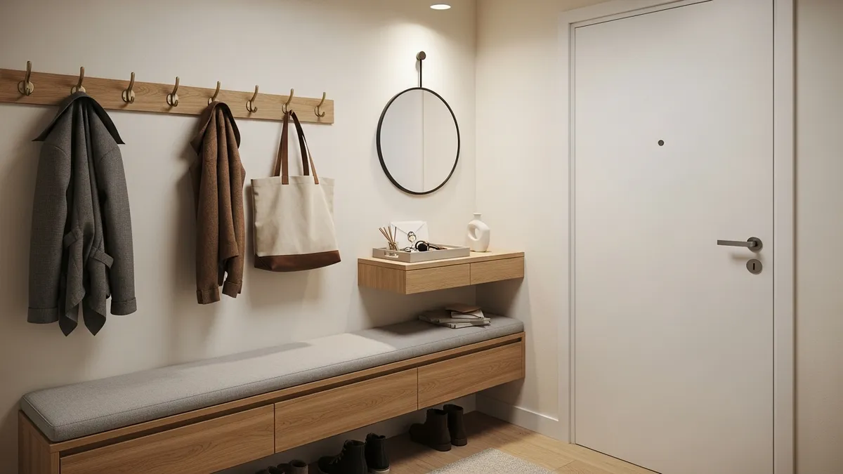 Small entryway organization ideas with wall hooks, slim shoe bench, and floating shelf
