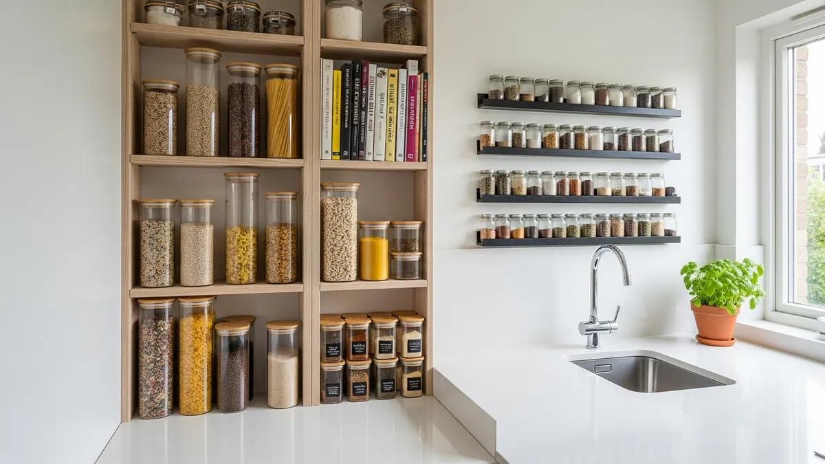 Small kitchen organization ideas with vertical shelves, spice strips, and airtight containers