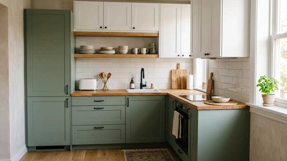 Compact two tone kitchen cabinet set with white uppers, sage green lowers, and one open wooden shelf