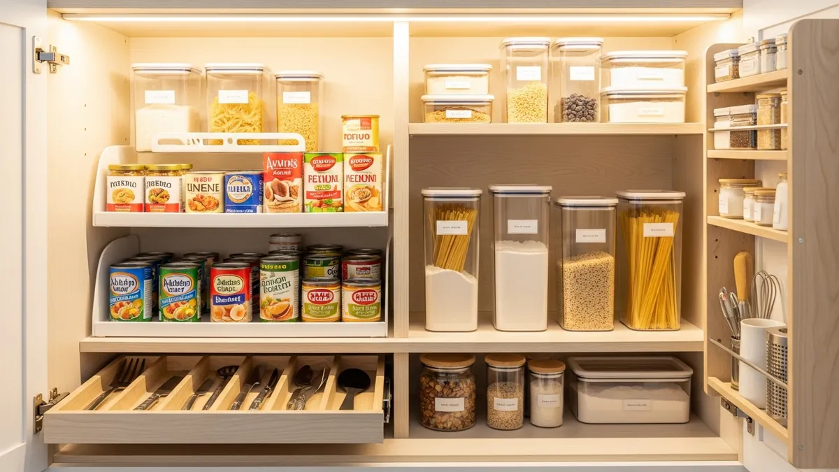Small kitchen cabinet organization with stackable containers, drawer dividers, and tiered shelf risers