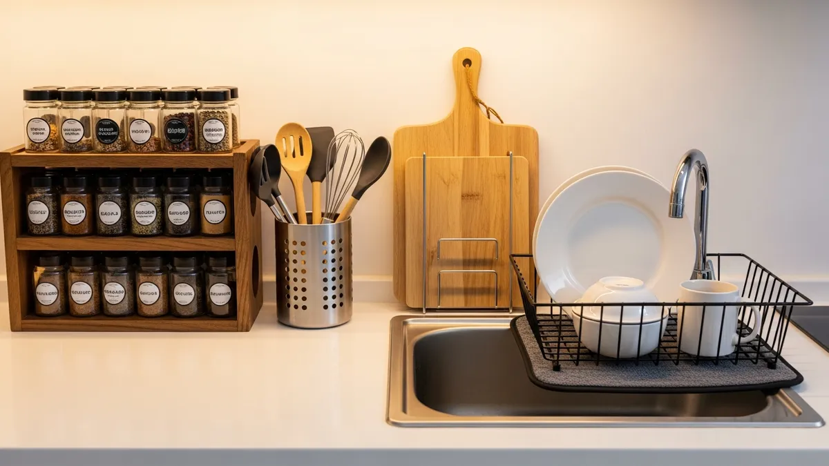 Organized small kitchen countertop with spice rack, utensil holder, and compact dish drying rack