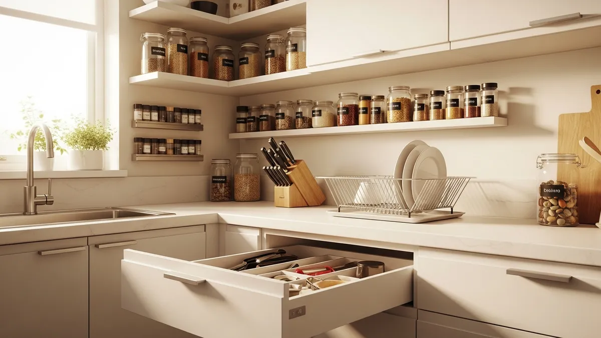 Small kitchen organization ideas with floating shelves, labeled jars, and magnetic spice strips in a bright modern kitchen