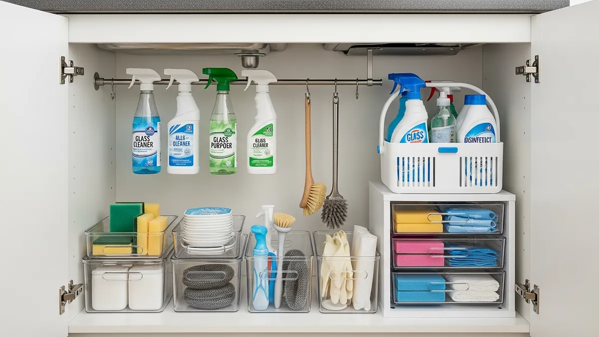 Under kitchen sink organization with stackable bins, hanging spray bottles, and pull-out drawers