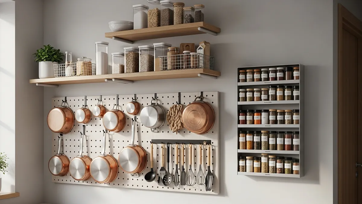 Vertical storage ideas for small kitchens including pegboard hooks and wall-mounted shelves