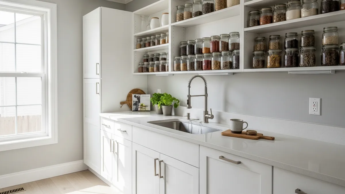 Organized small kitchen with open shelves and clean countertops showing small kitchen organization tips