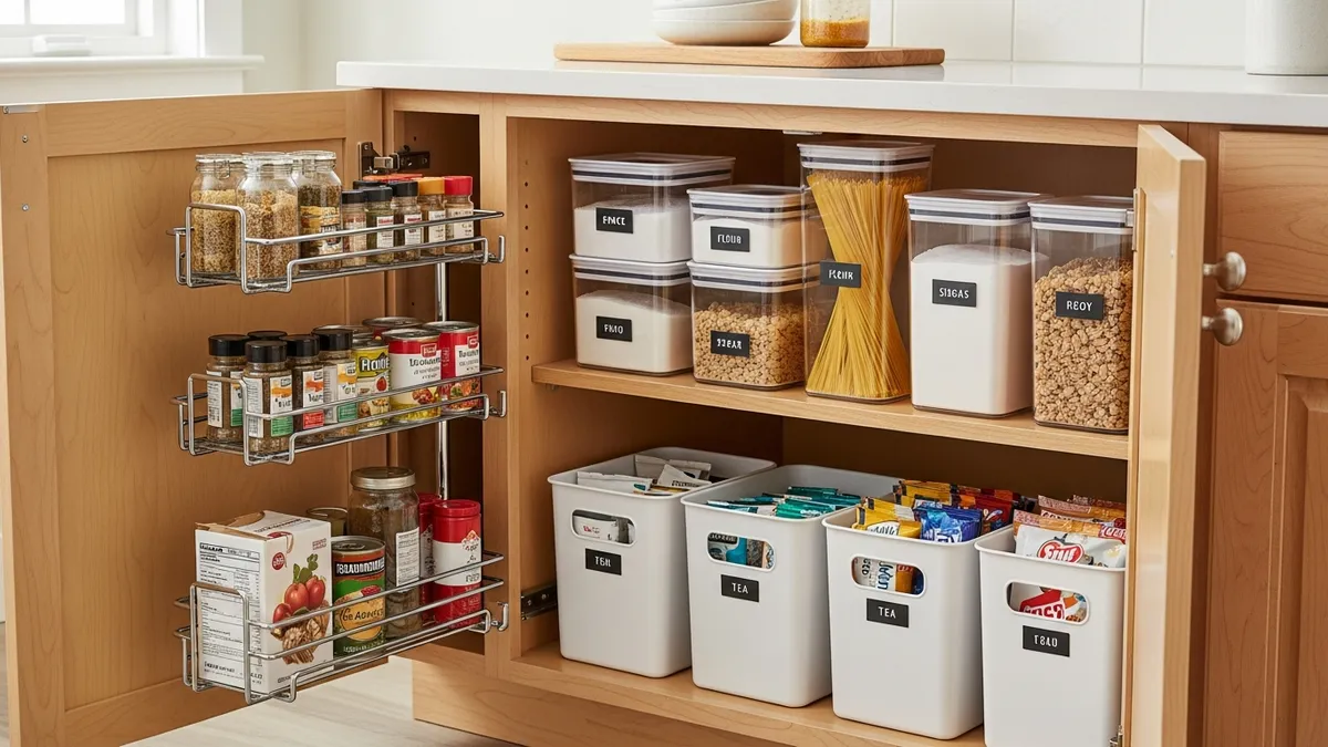Inside kitchen cabinet with stackable food storage containers and pull-out organizers for small kitchen organization