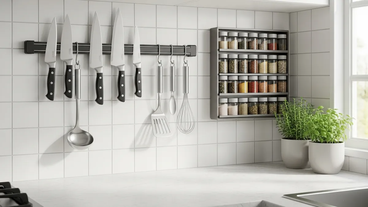 Wall-mounted knife strip and hanging utensil hooks maximizing vertical space in a small kitchen