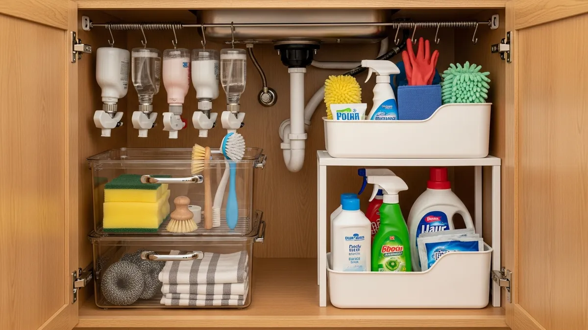Under-sink cabinet organized with bins and tension rod as part of small kitchen organization tips