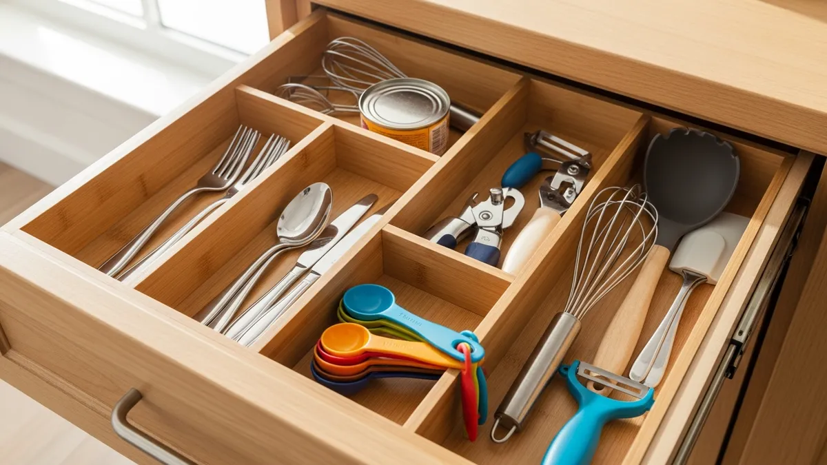 Kitchen drawer with bamboo dividers and sorted utensils for efficient small kitchen drawer organization