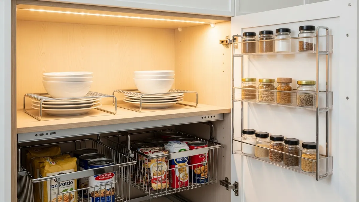 Small kitchen cabinet organizer solutions with door-mounted storage and shelf risers