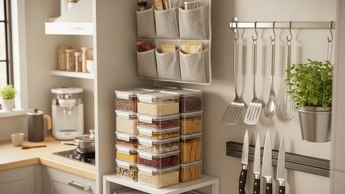 Vertical storage organizers for small kitchen spaces with stackable containers