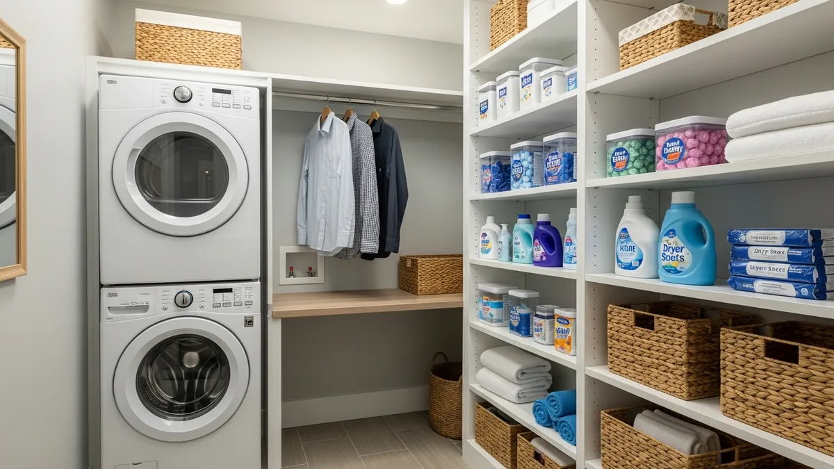 Vertical storage solutions for small laundry room organization maximizing wall space