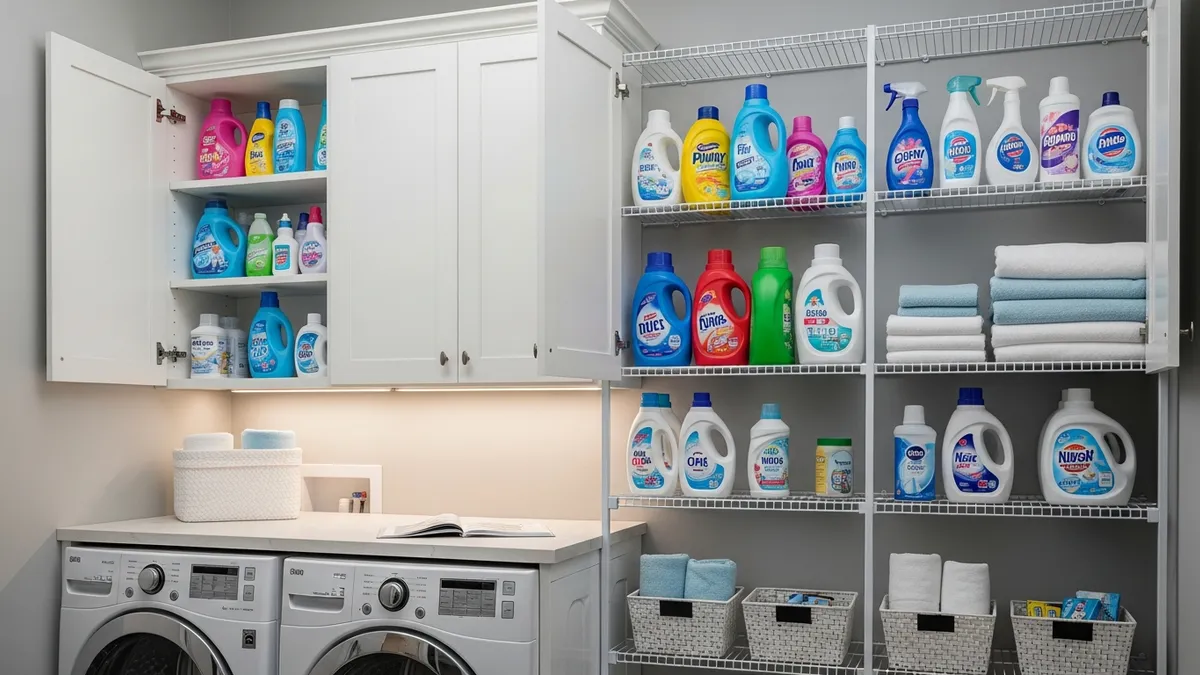 Overhead storage solutions for small laundry room organization to maximize space efficiency