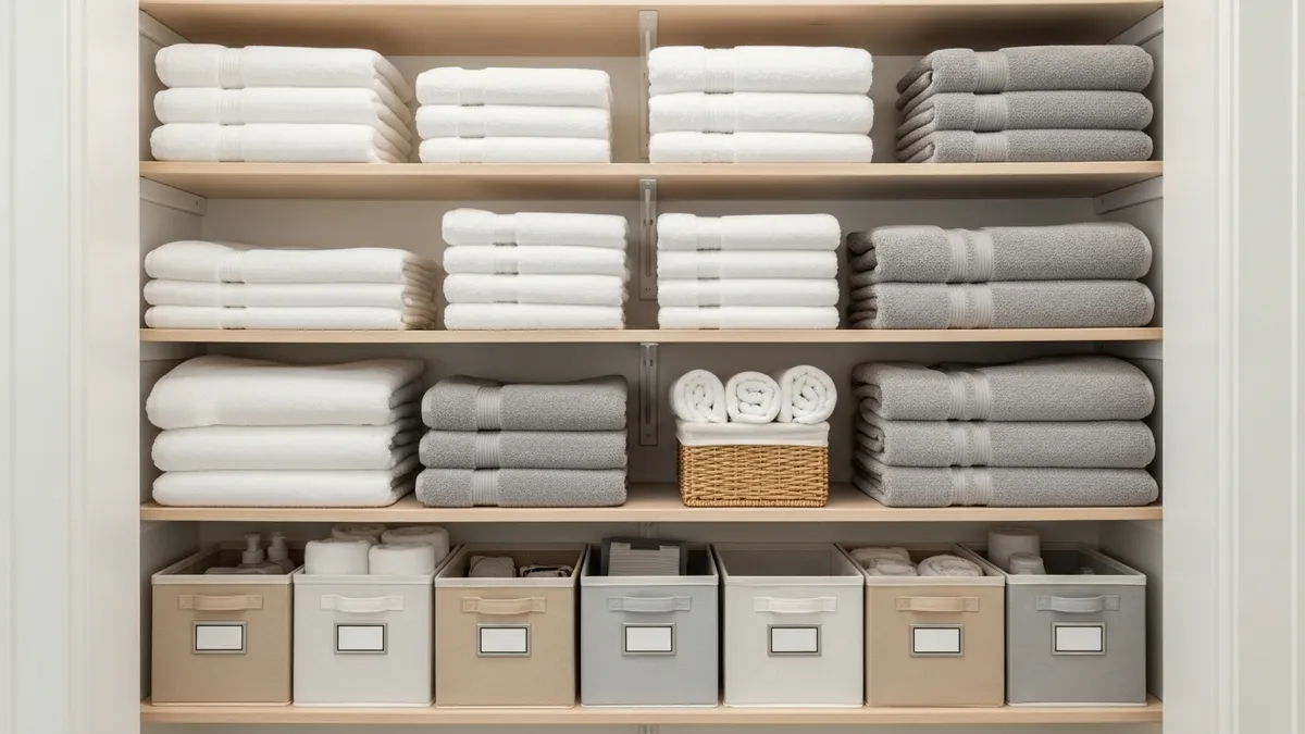 Small linen closet organization with neatly folded towels, labeled bins, and maximized shelf space