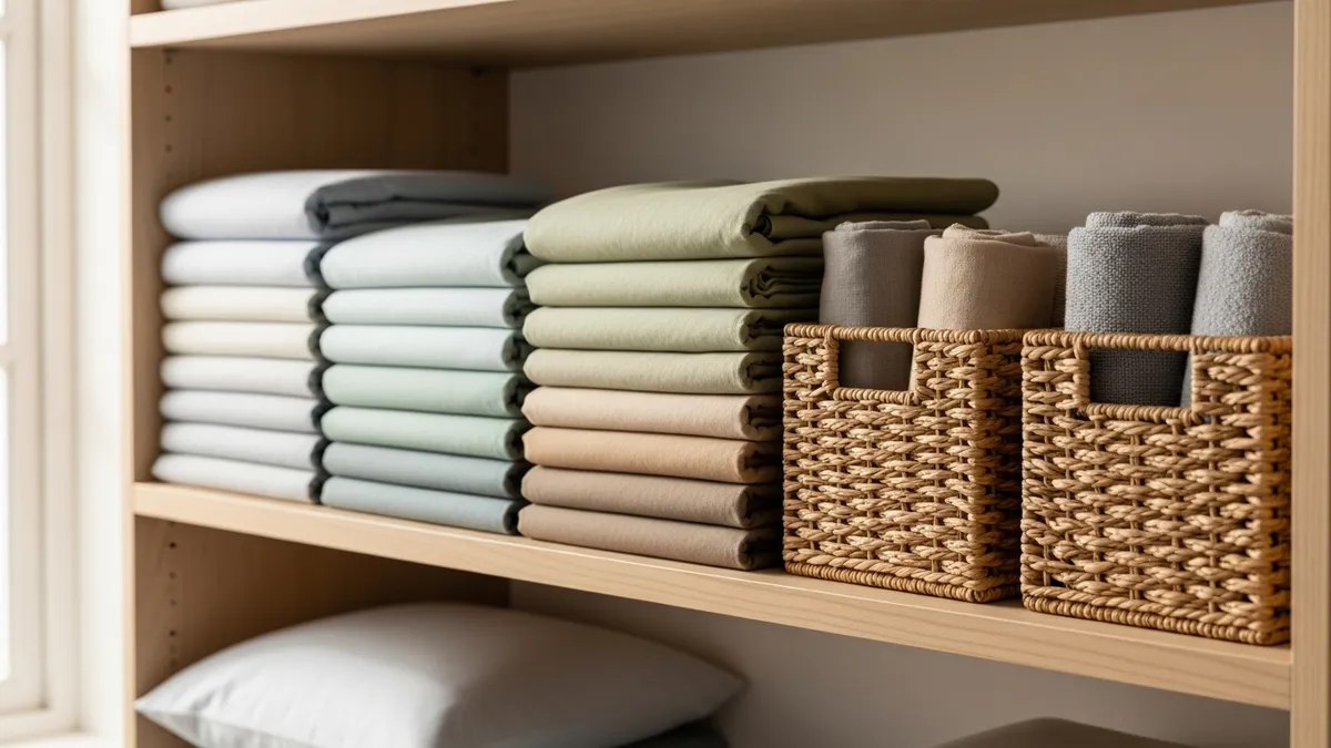 Color-coded folded bed sheets and pillowcases organized inside a small linen closet shelf