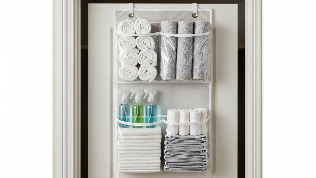 Over-the-door organizer on a small linen closet door holding towels and household essentials