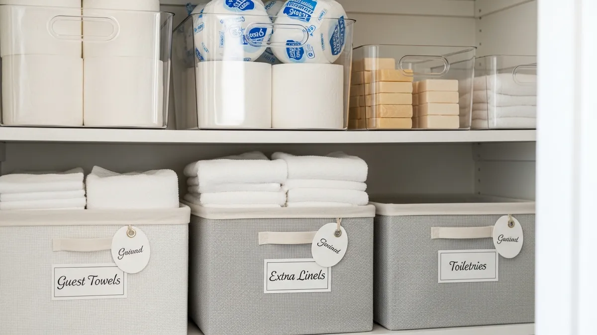 Clear stackable bins and labeled fabric baskets used for small linen closet organization