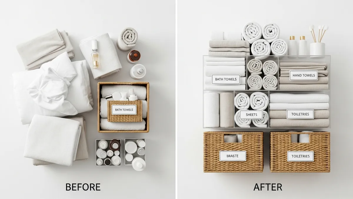 Linen closet organization tools including shelf dividers, rolled towels, bins, and labels for small closet storage