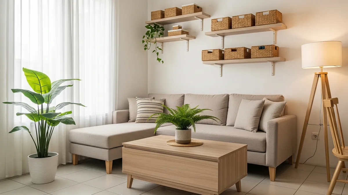 Small living room organization ideas with floating shelves and compact sofa in a modern Indonesian home