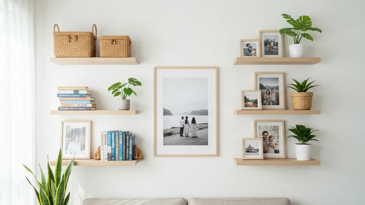 Floating wall shelves with organized storage baskets and decor for small living room