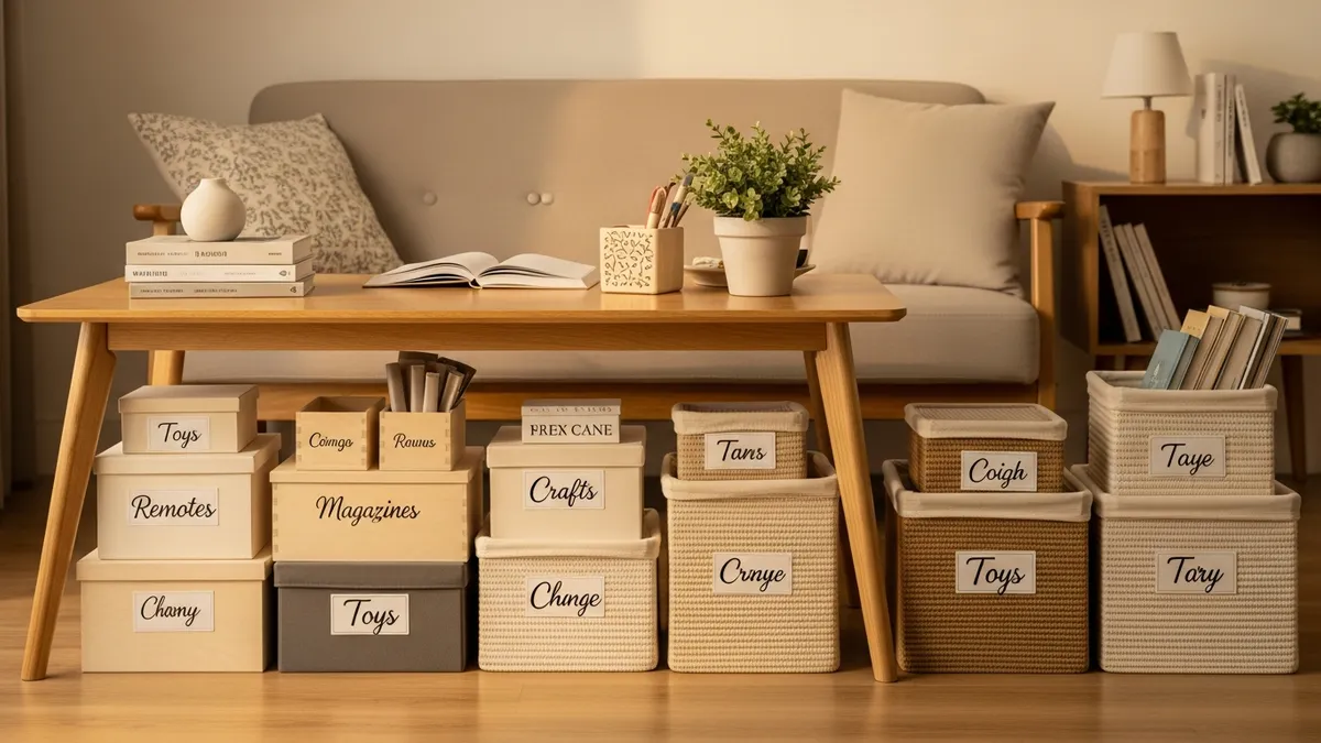 Storage boxes and fabric baskets organized in small living room under coffee table