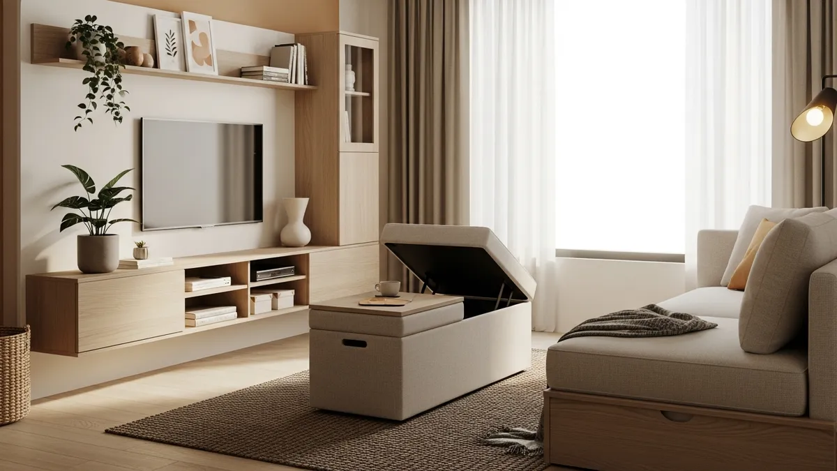 Multi-functional furniture for small living room organization including storage ottoman and built-in shelves