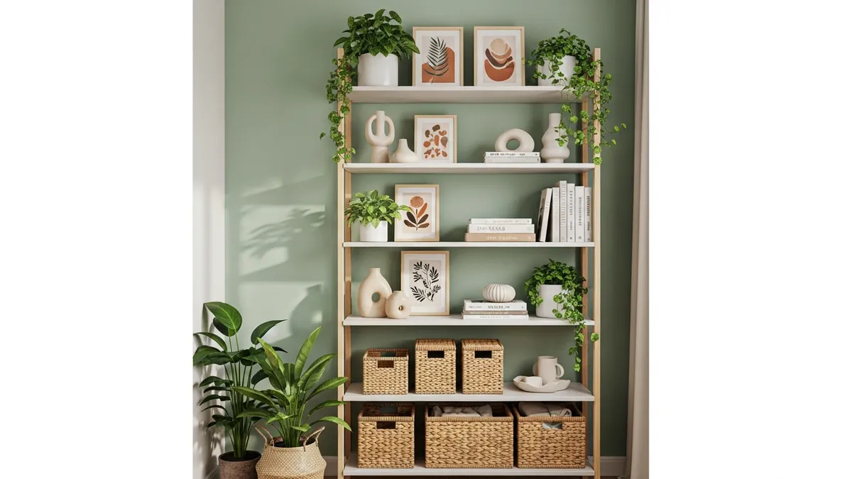Corner shelving unit with storage baskets maximizing small living room corner space
