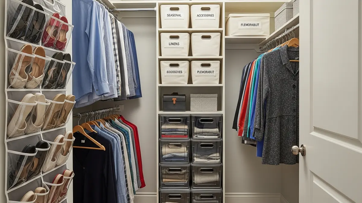 Maximized small bedroom closet with double hanging rods and stackable storage boxes