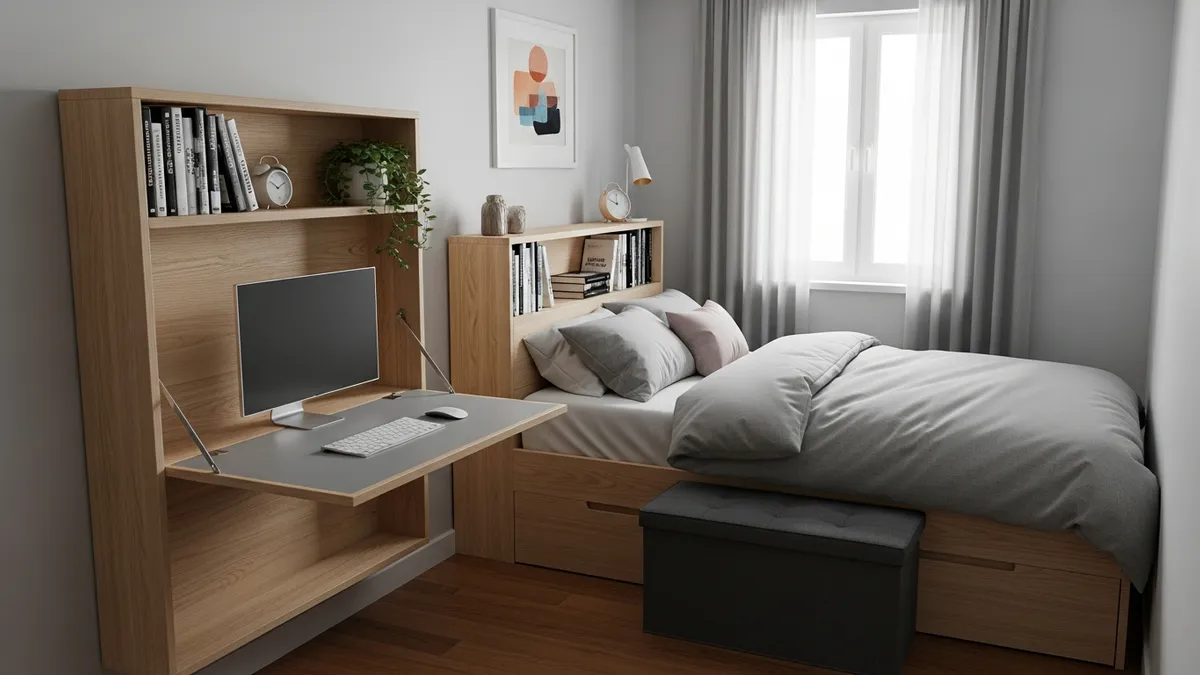 Multifunctional furniture for small bedroom storage including storage ottoman and bookshelf headboard