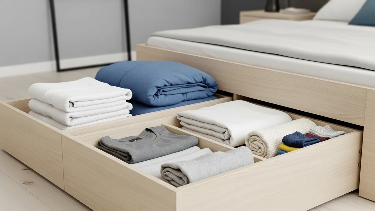 Under-bed storage drawers for small bedroom space maximization