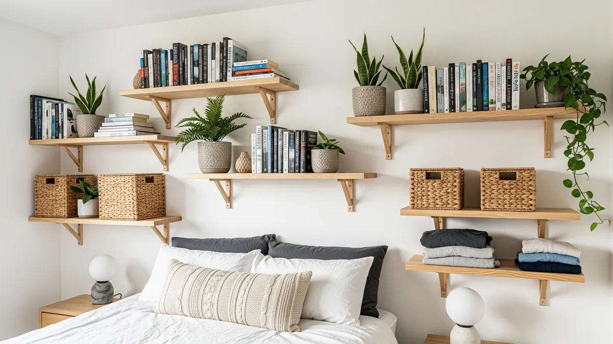 Floating wall shelves as small space bedroom storage solution with books and decorative baskets