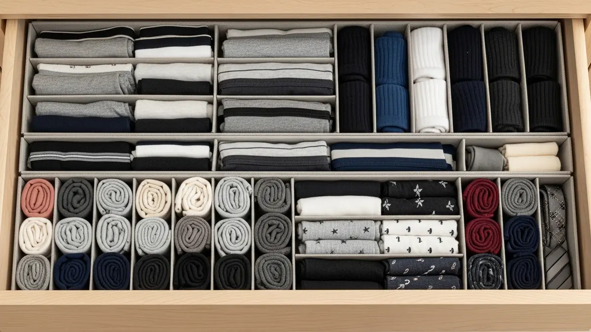 Drawer dividers and organizers for small clothing items in compact dresser storage