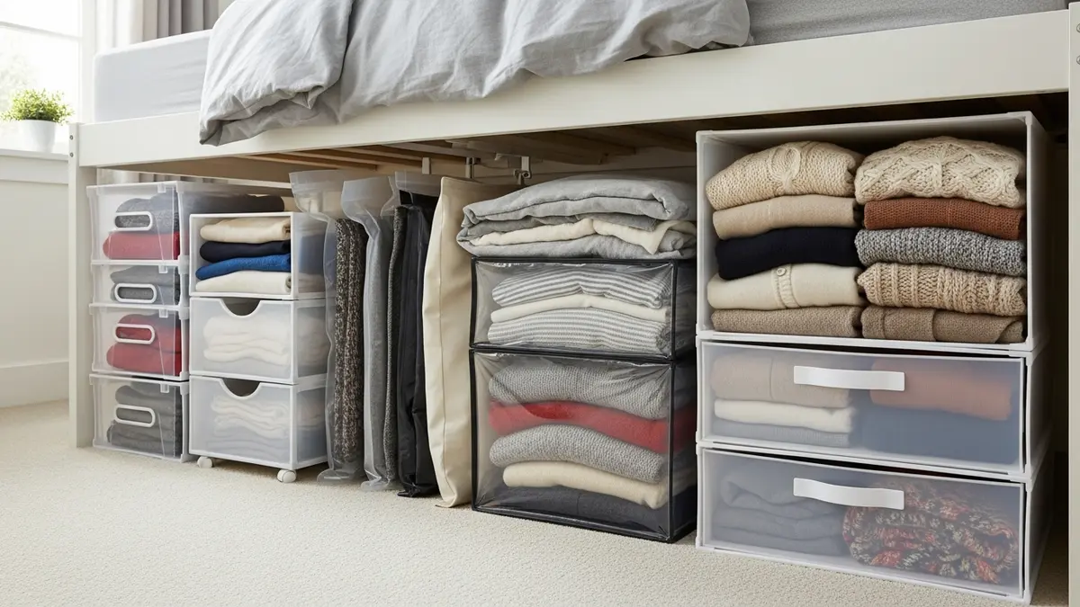 Under-bed clothing storage containers and vacuum-sealed bags for small space organization