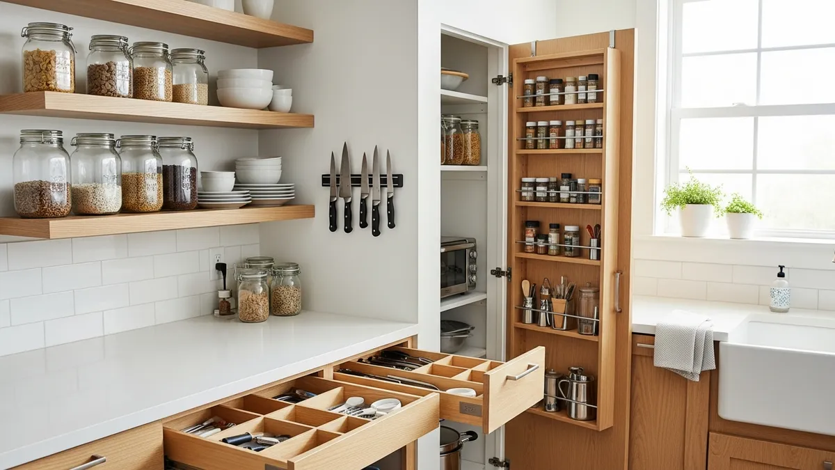 Small space kitchen storage ideas with floating shelves, magnetic strips, and pull-out organizers in a modern compact kitchen
