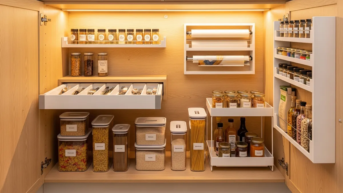Smart cabinet organizers for small kitchen including tiered risers, pull-out drawers, and door-mounted spice holders