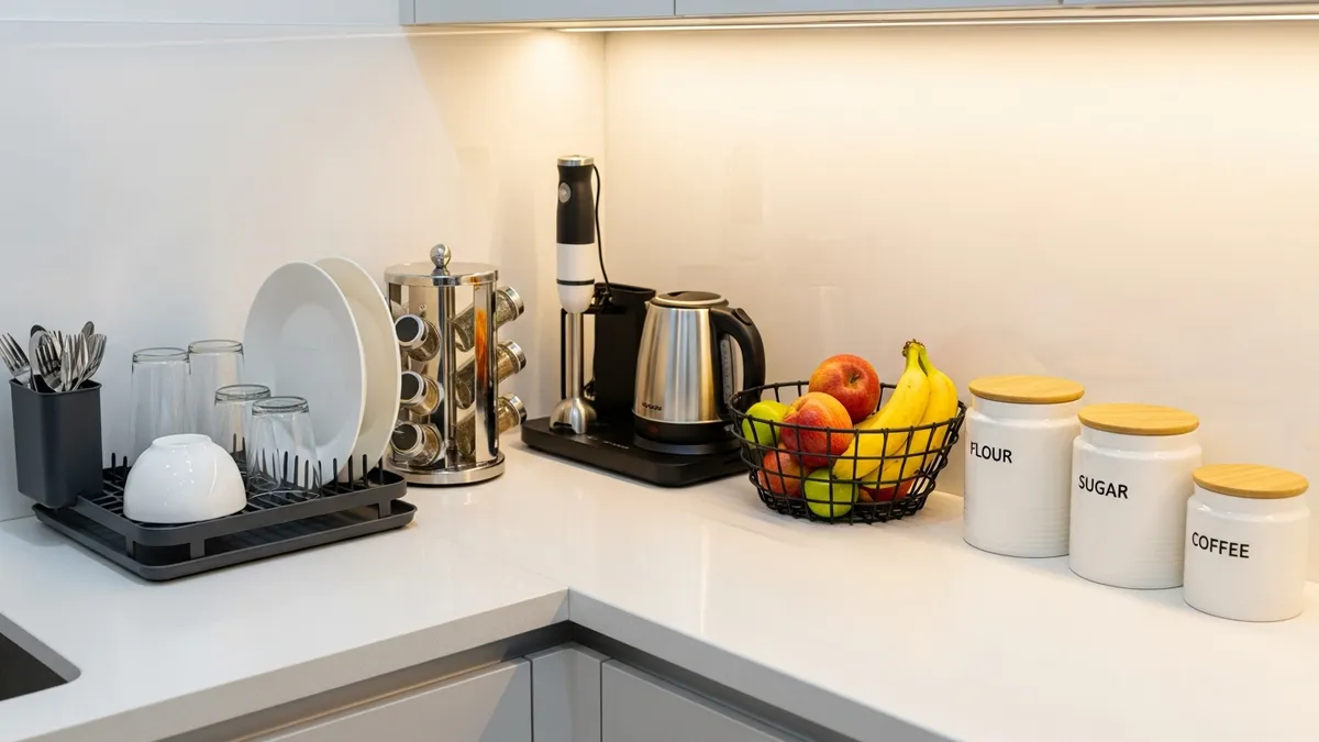 Organized small kitchen countertop with compact dish rack, spice carousel, and labeled storage canisters