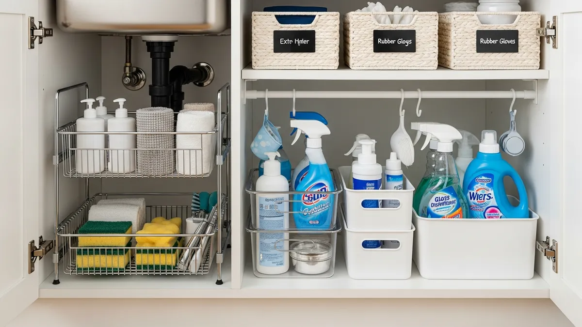Under kitchen sink storage organization with pull-out bins, tension rod spray bottle holder, and labeled baskets