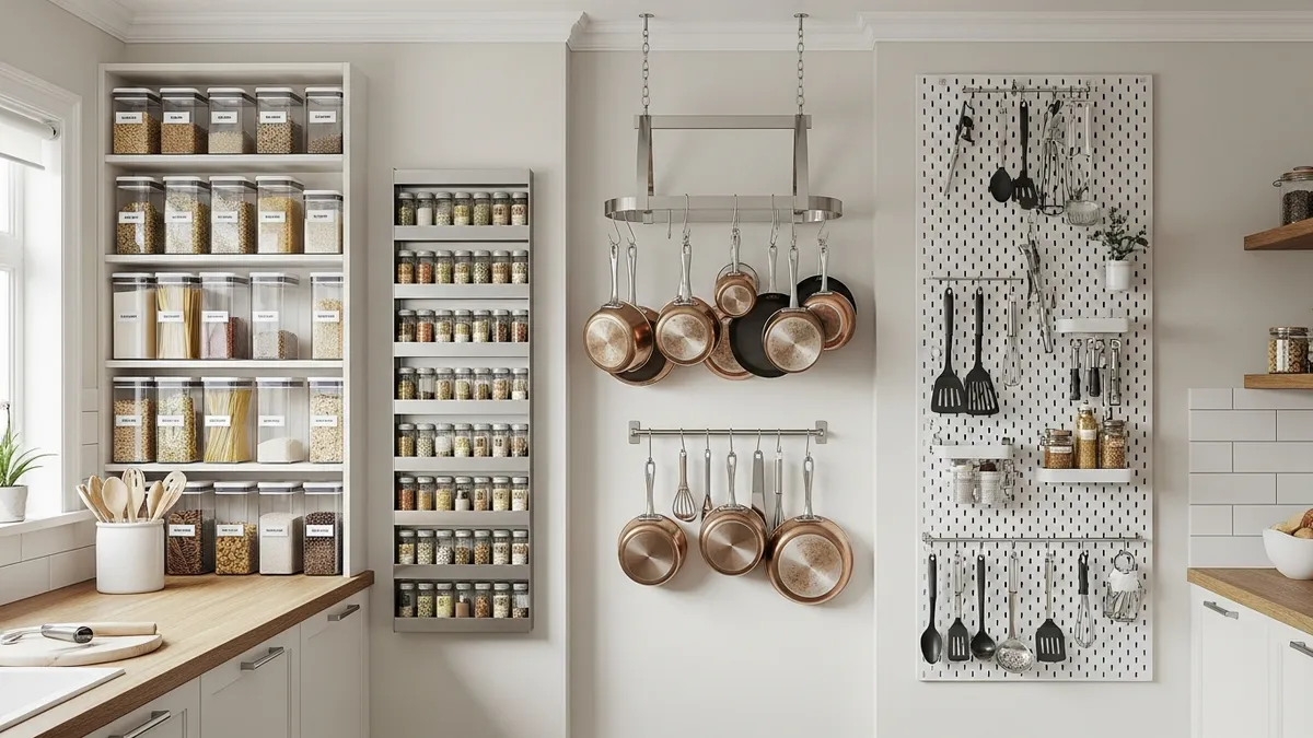 Vertical storage solutions for small kitchen including floor-to-ceiling shelves and wall-mounted organizers