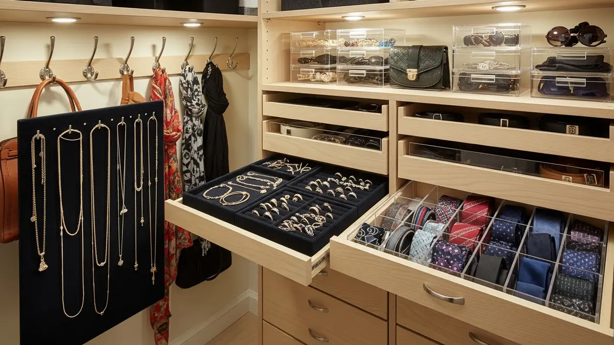 Accessories organization ideas for small walk-in closets with drawer dividers and storage containers