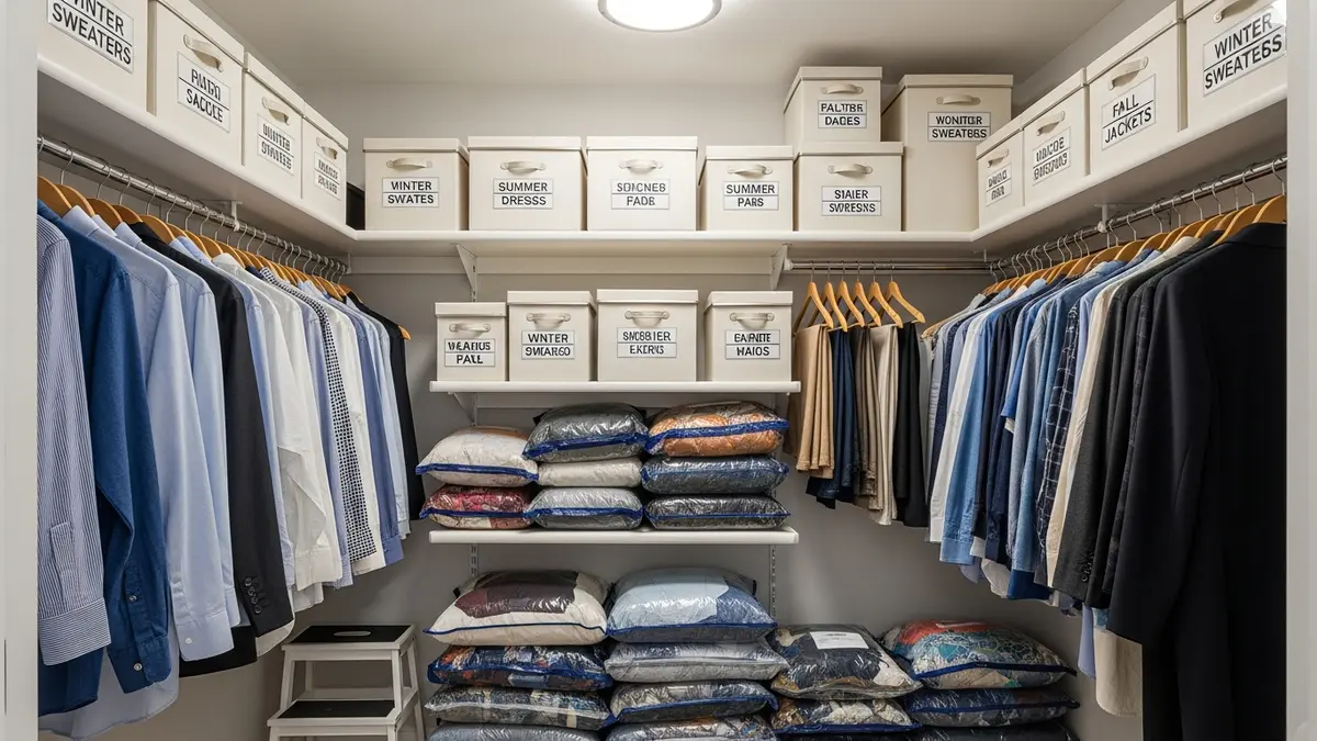 Seasonal clothing storage organization ideas for small walk-in closets with labeled containers