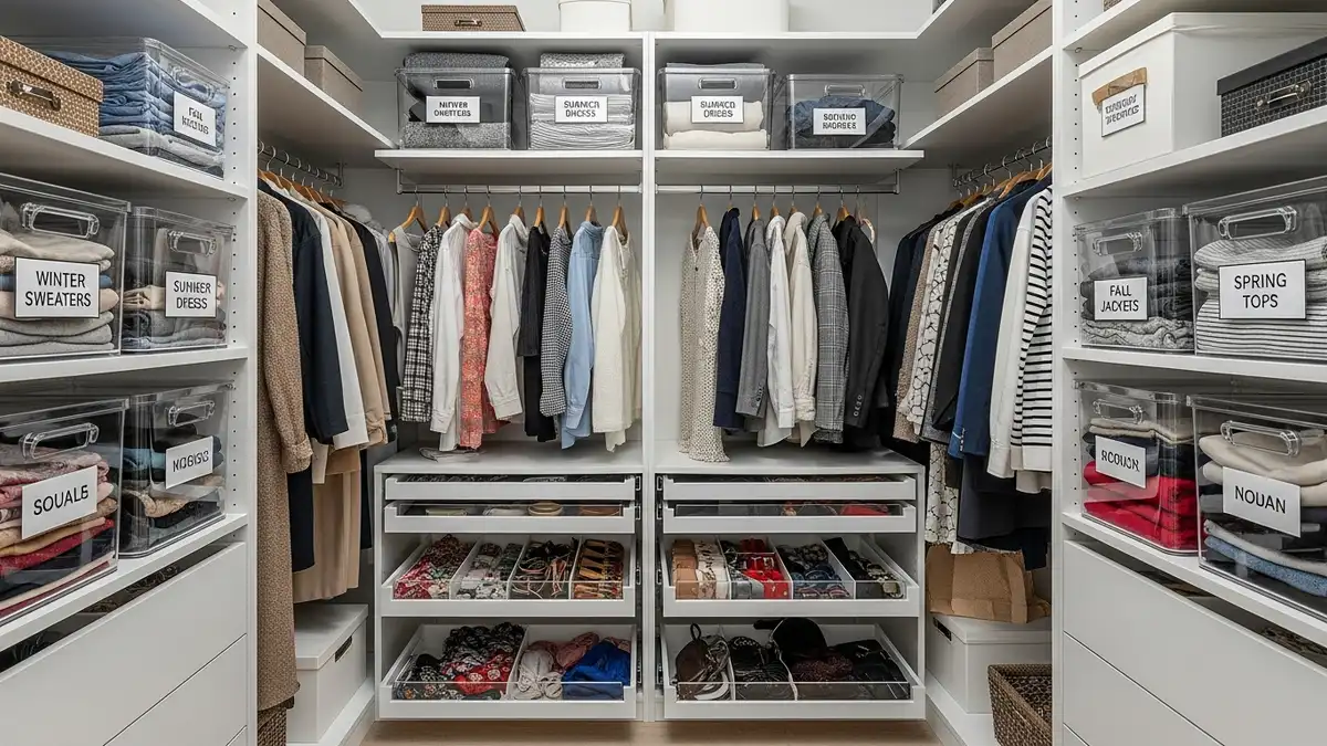 Clear storage containers organizing small walk in closet efficiently