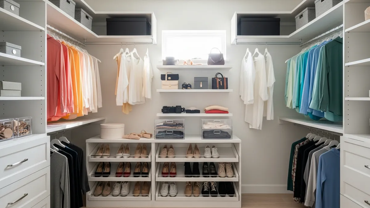 Small walk in closet organization with efficient storage solutions and organized clothing